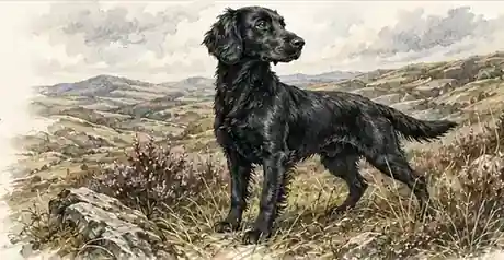 Athletic Working Cocker Spaniel standing alert in open moorland